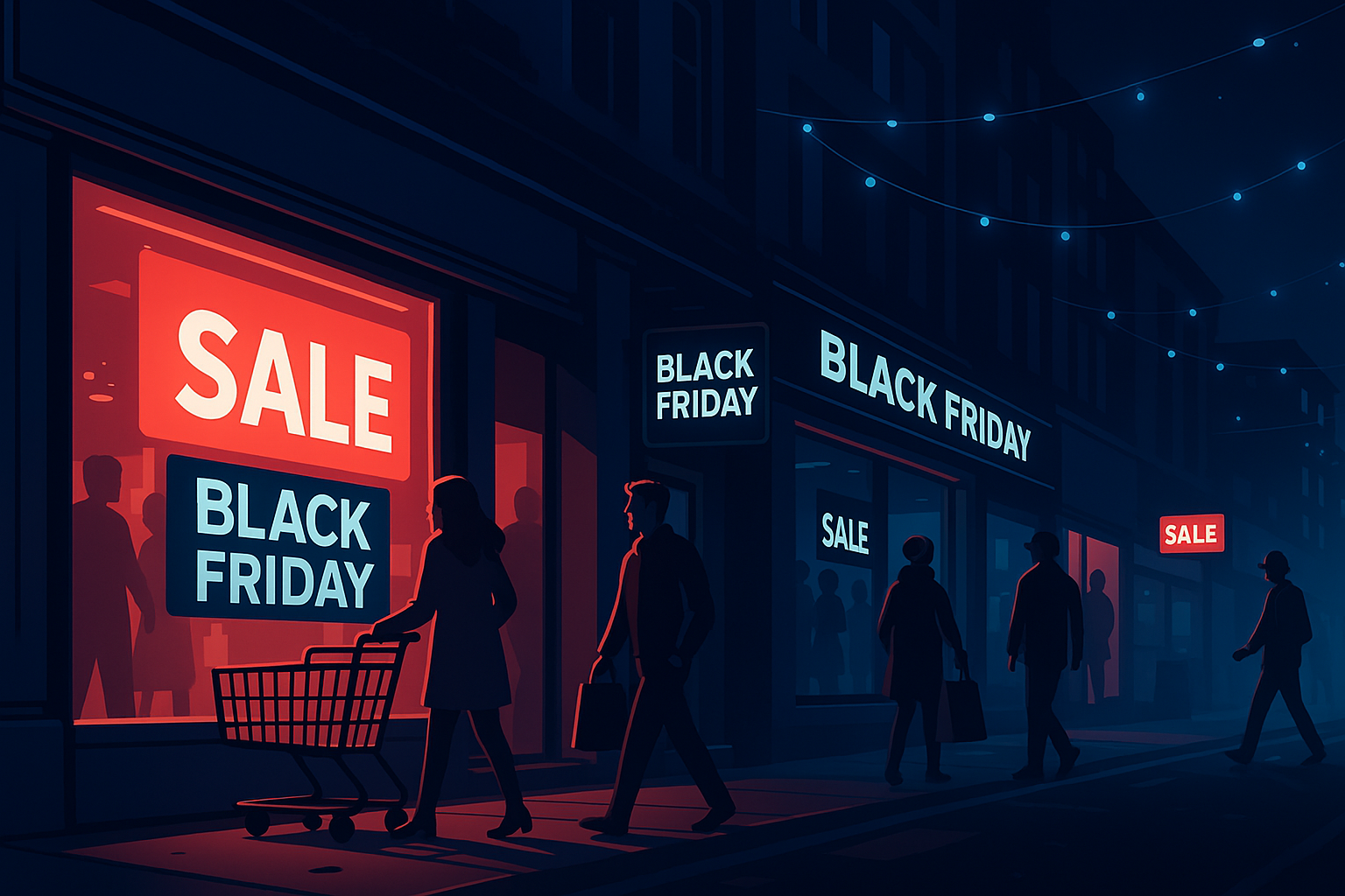 Fila de consumidores em frente a vitrines anunciando Black Friday