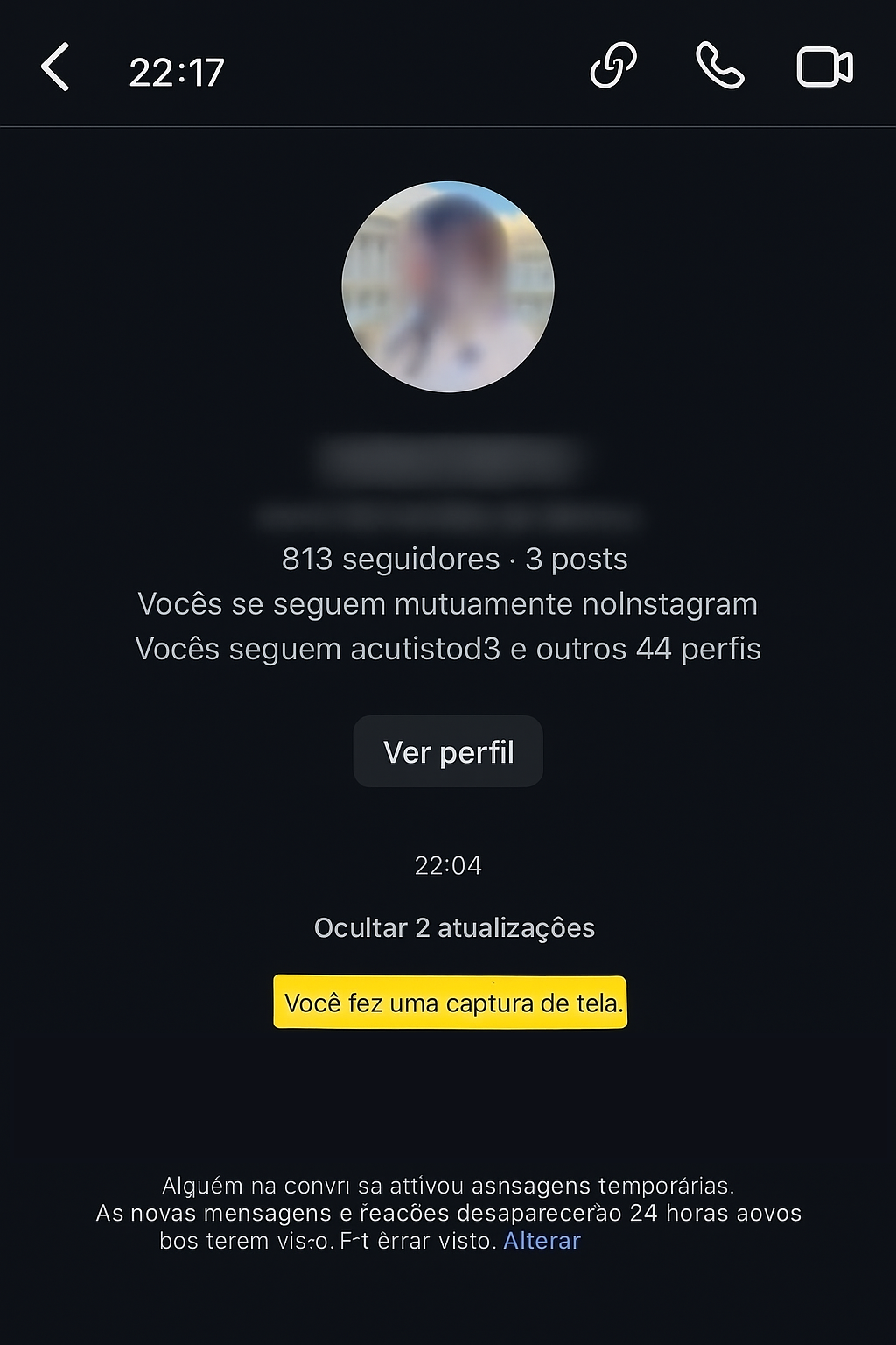 Alerta de captura de tela em mensagem temporária no Instagram